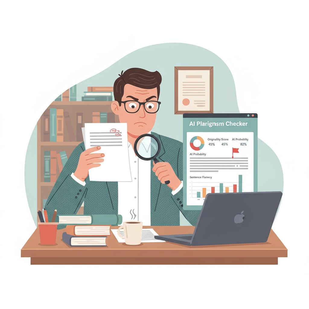 A professor is sitting at a desk, carefully examining a student's paper, with a laptop open beside showing possible AI detection tools, highlighting the process of determining AI use. Professor examining student work for signs of AI use in the context of university responsibilities, false accusations, and AI use