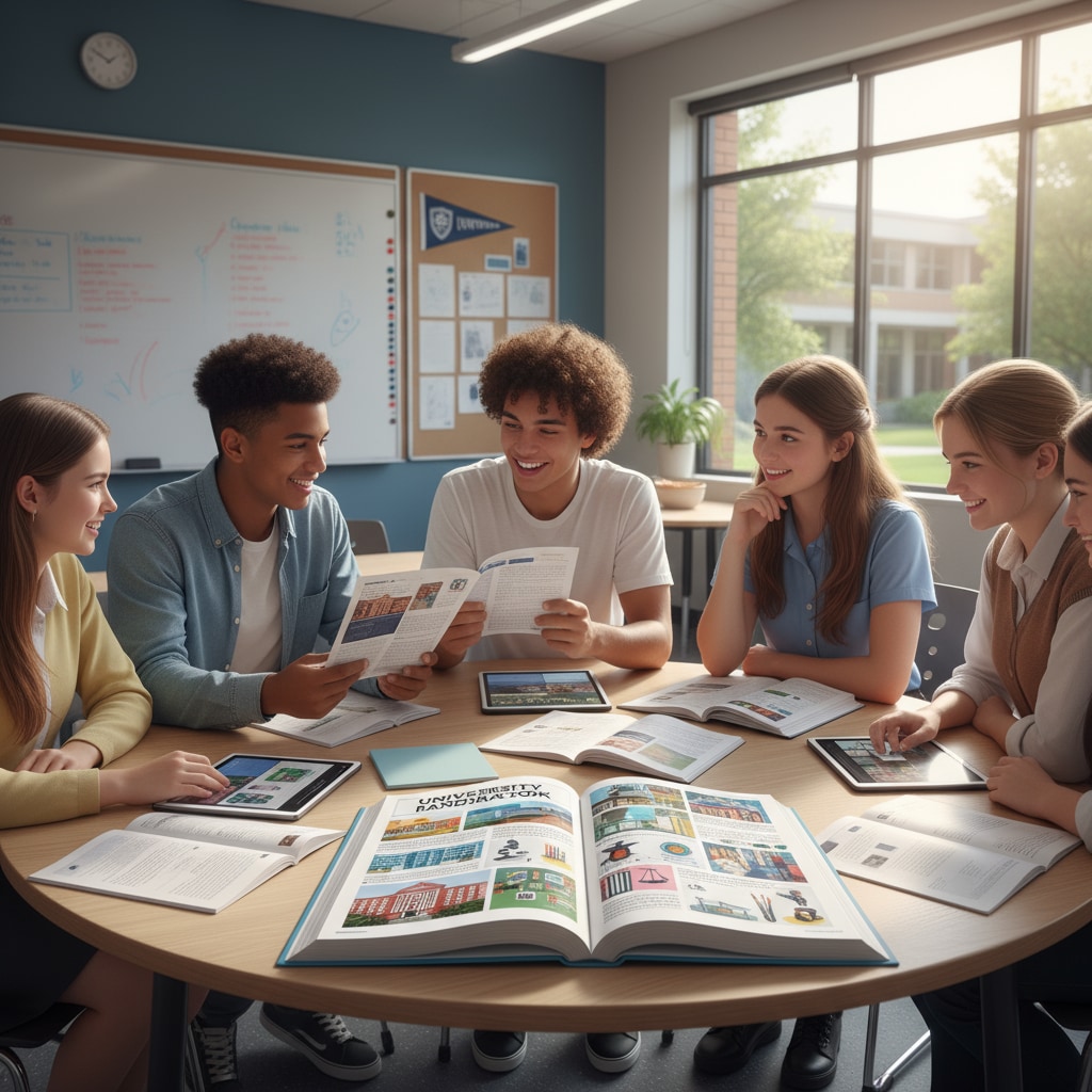 A group of high school students are sitting around a table in a classroom, looking at brochures and having an animated discussion about different university majors. High school students exploring university major options