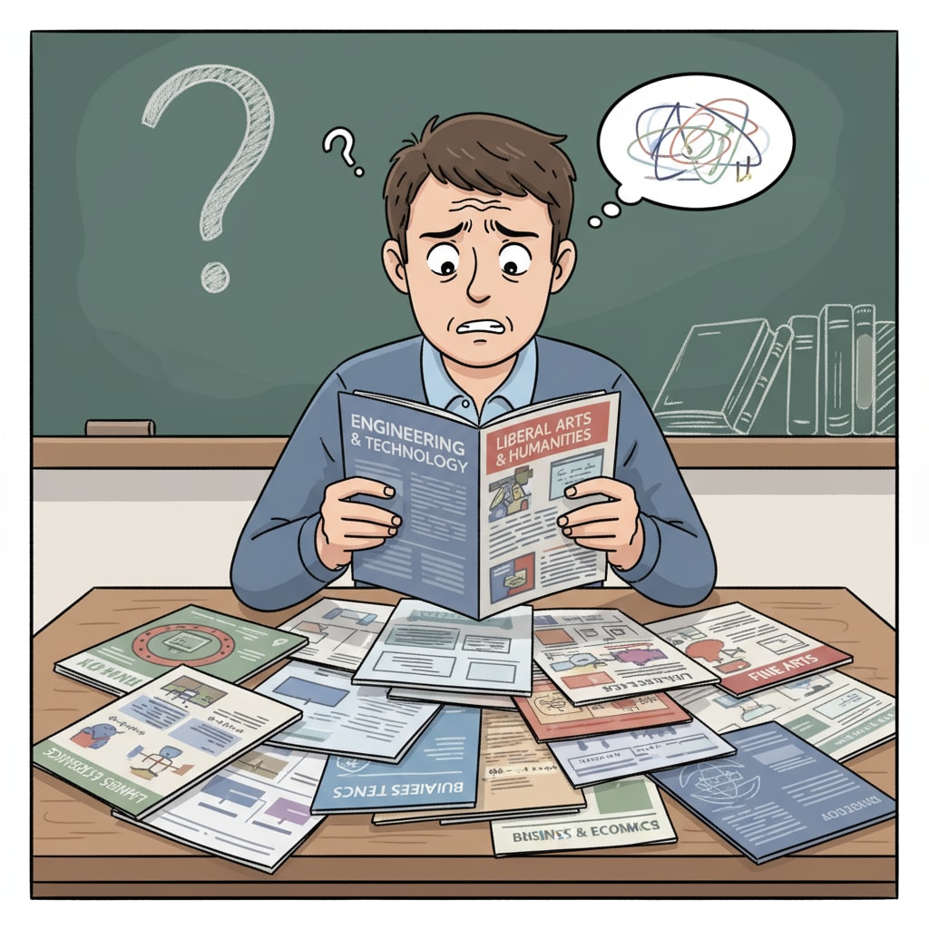 A single student is sitting at a desk, surrounded by university major brochures. The student has a confused expression on their face as they try to make sense of the information. A student facing confusion while choosing a university major