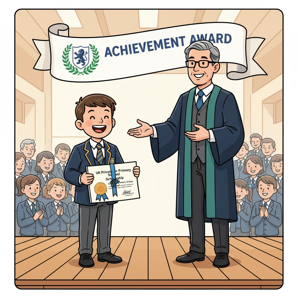Student receiving scholarship certificate in UK private primary school for education