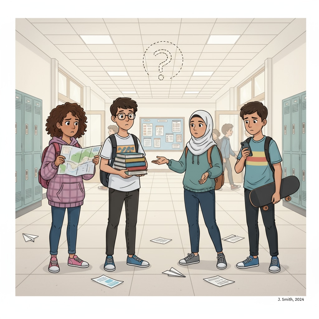 A group of students looking a bit lost on the first day of a new school. This shows the initial confusion and uncertainty students may feel during a school transition. Students facing challenges during school transition