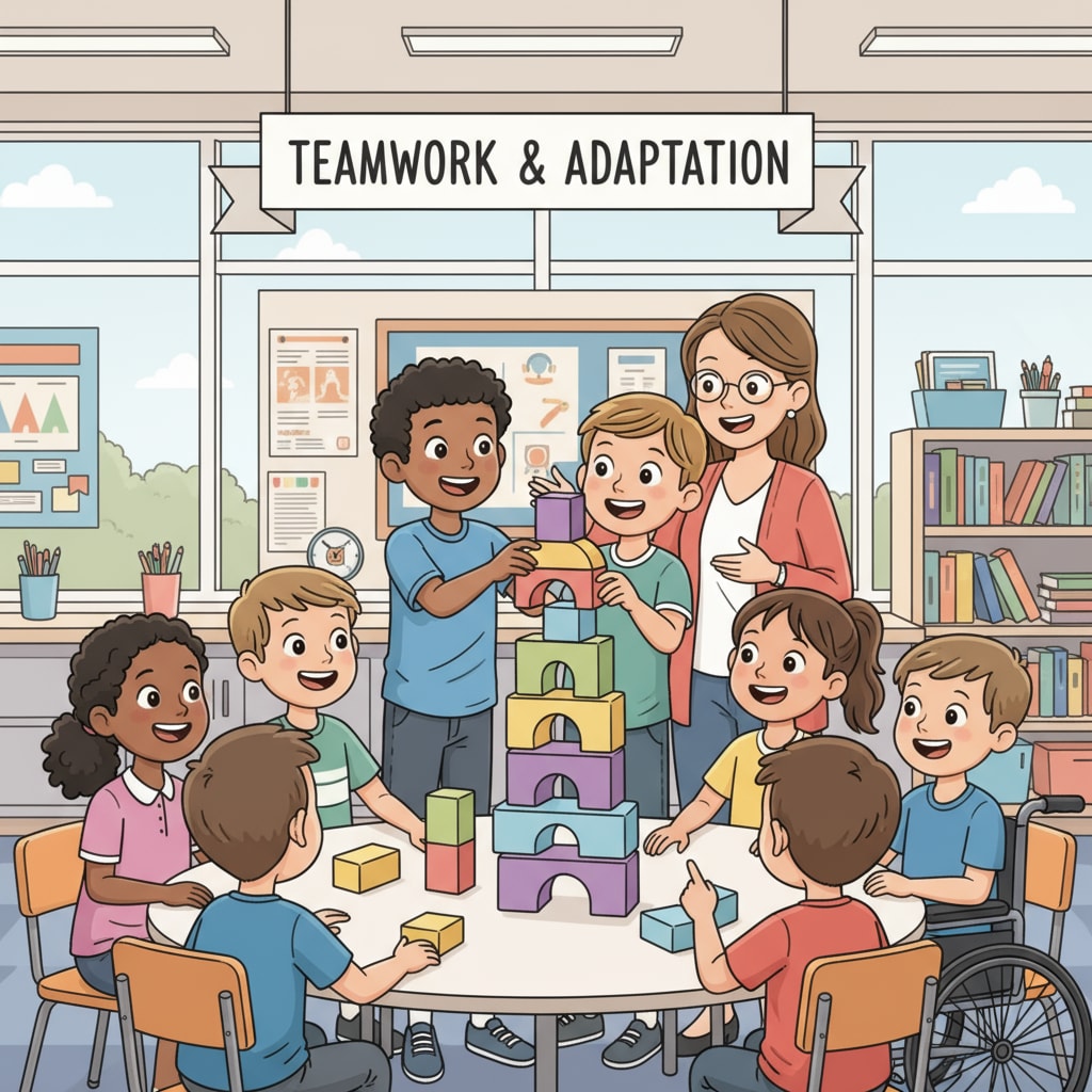 Students interacting and smiling during a school activity. This depicts a positive and inclusive environment where students are adapting well. Students adapting well in a school activity