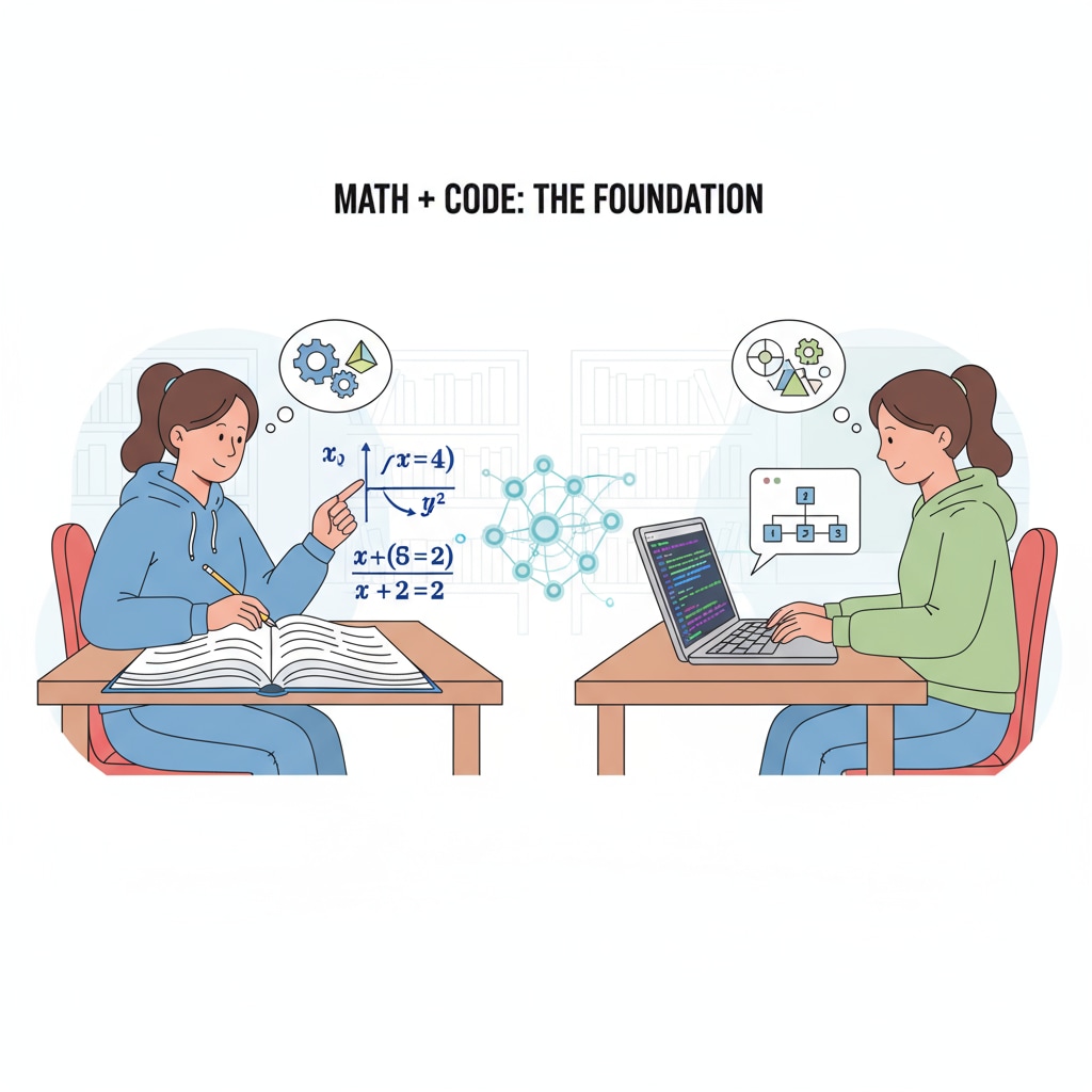 A student is shown concentrating on solving a math problem while coding on a laptop, highlighting the connection between math and programming. Student combining math and programming skills for potential European study majors