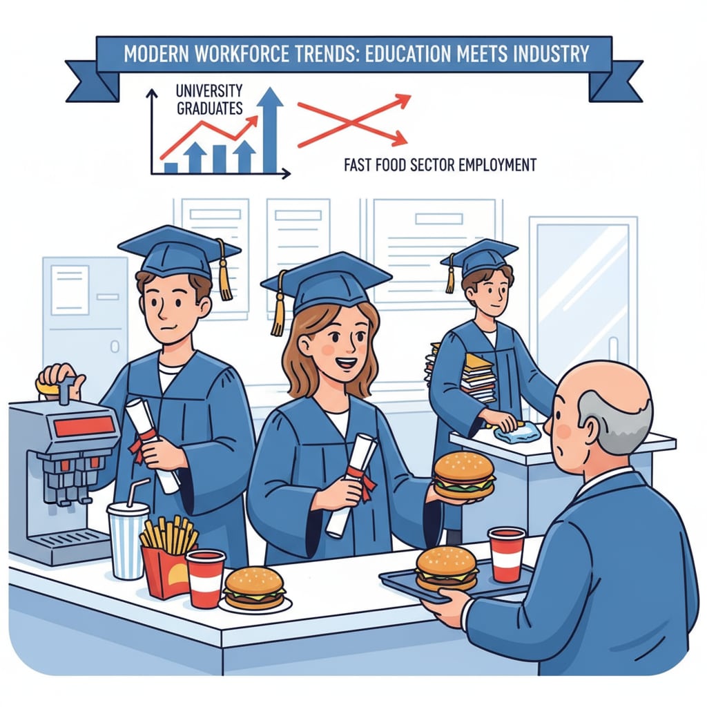 A visual representation of young graduates with university degrees working in a fast food establishment, highlighting the trend of highly educated individuals in the fast food industry. University degrees, employment, and career development - Young graduates in a fast food restaurant