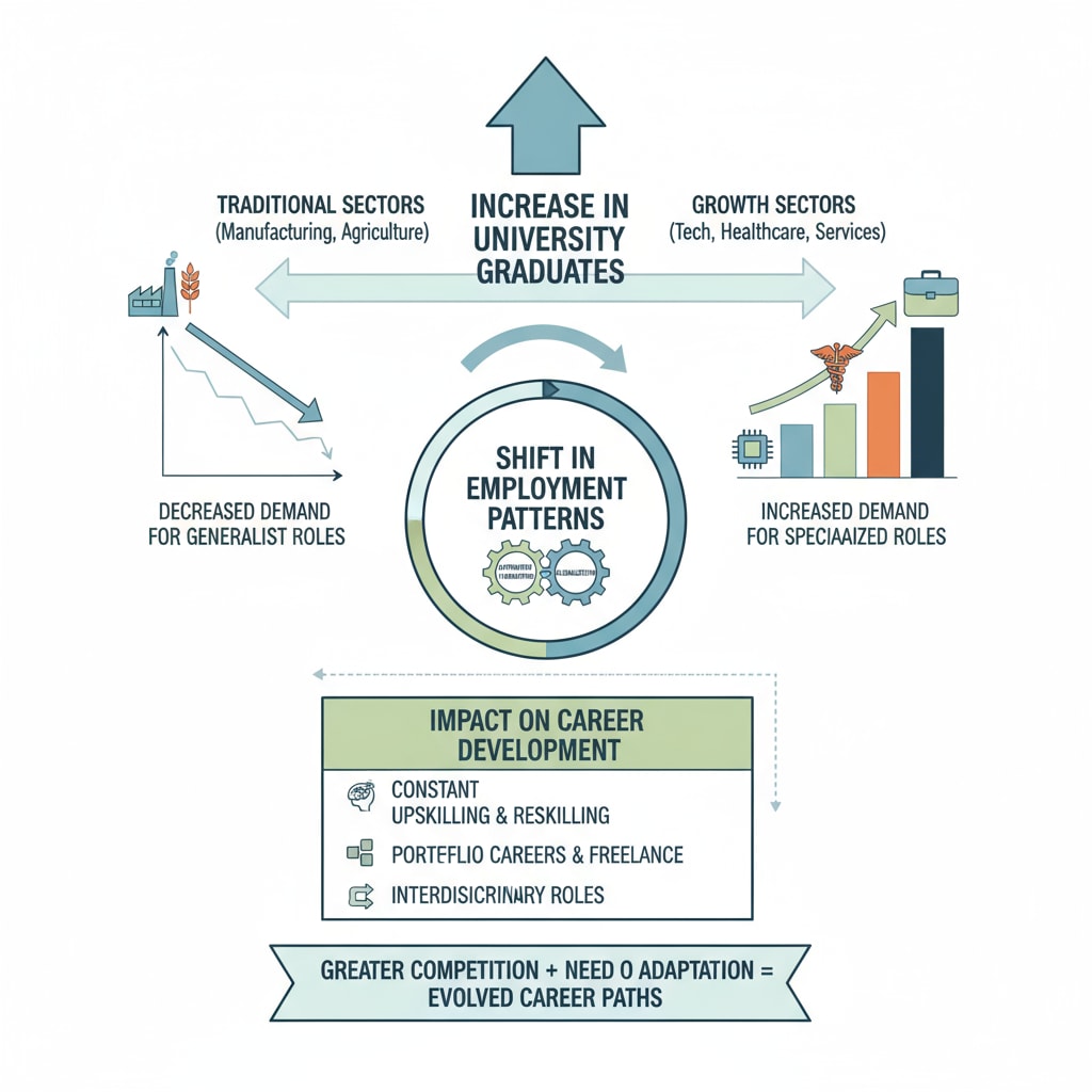 A graphical illustration showing the relationship between the increase in university graduates and the shift in employment patterns across different sectors, emphasizing the impact on career development. University degrees, employment, and career development - Graph of graduate employment trends