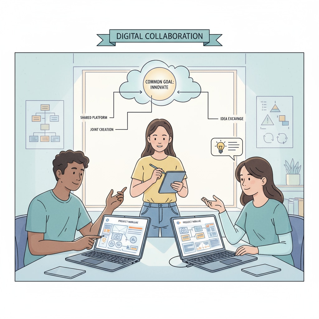 Students are collaborating on an online project, sharing ideas and working together on their computers to achieve a common goal. Students collaborating on an online project related to university application extracurriculars and scholarships