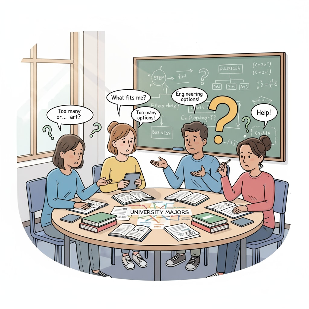 A group of students sitting in a classroom, looking confused while discussing university major choices. Students facing the dilemma of university major selection due to lack of interest and considering social experience.