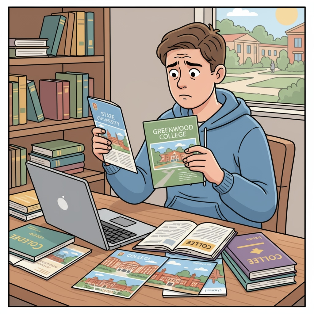 A student sitting at a desk, looking at college brochures with a worried expression. A student showing concern while making decisions about university majors amidst lack of interest and social pressure.