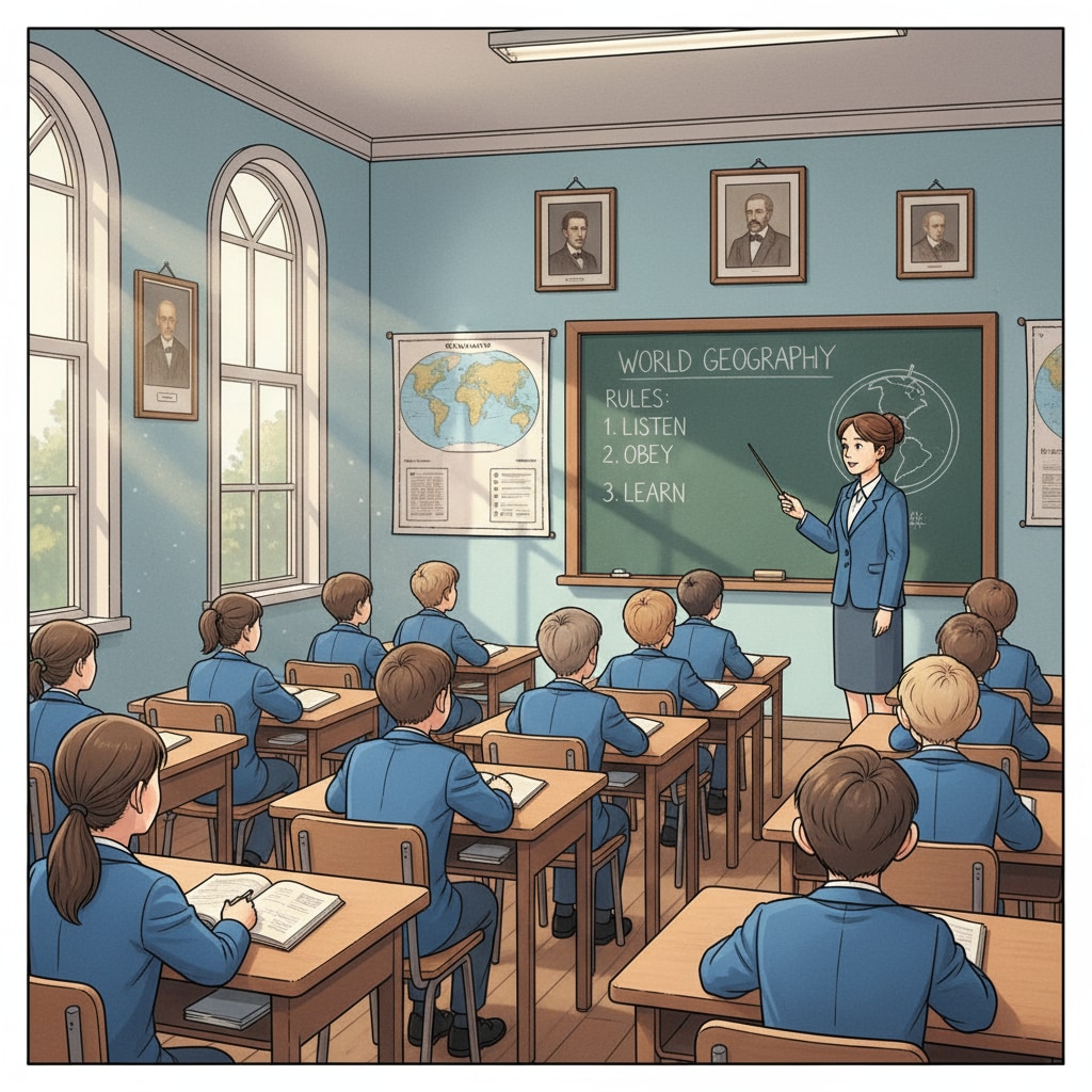 A classroom scene with students sitting quietly in rows, listening to the teacher. This represents the traditional school environment where obedience is emphasized. A traditional classroom setting highlighting the emphasis on obedience in school systems