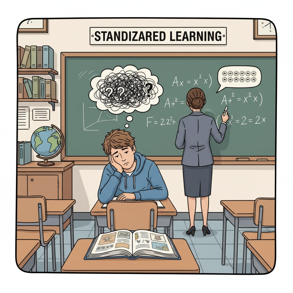 A student looking bored in a classroom while the teacher writes on the board. This shows the impact of standardized education on students' curiosity. A bored student in a classroom, depicting the negative effect of standardized education on curiosity