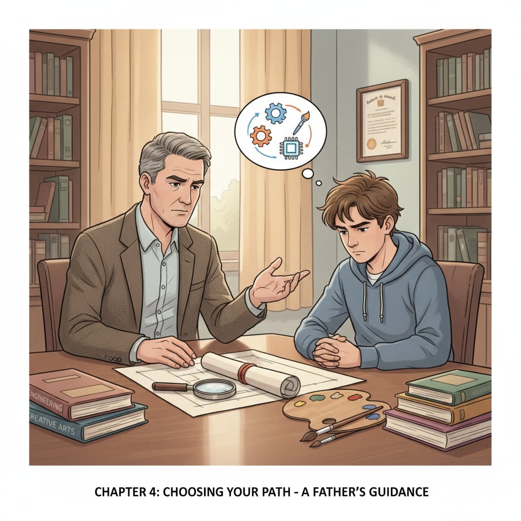 A father and son discussing career choices with the son looking conflicted due to parental pressure related to military careers