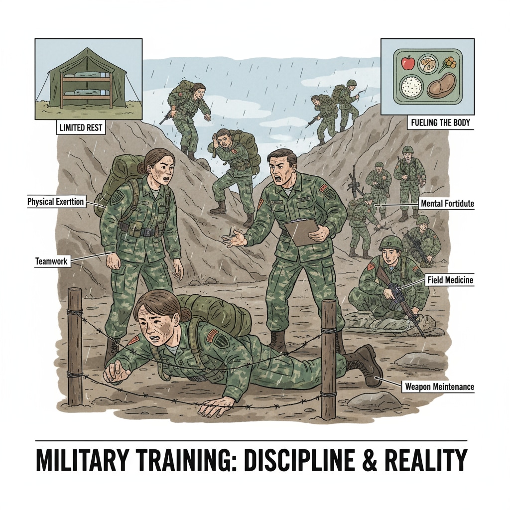 A group of young people training in military uniforms, representing the reality of military careers under parental pressure