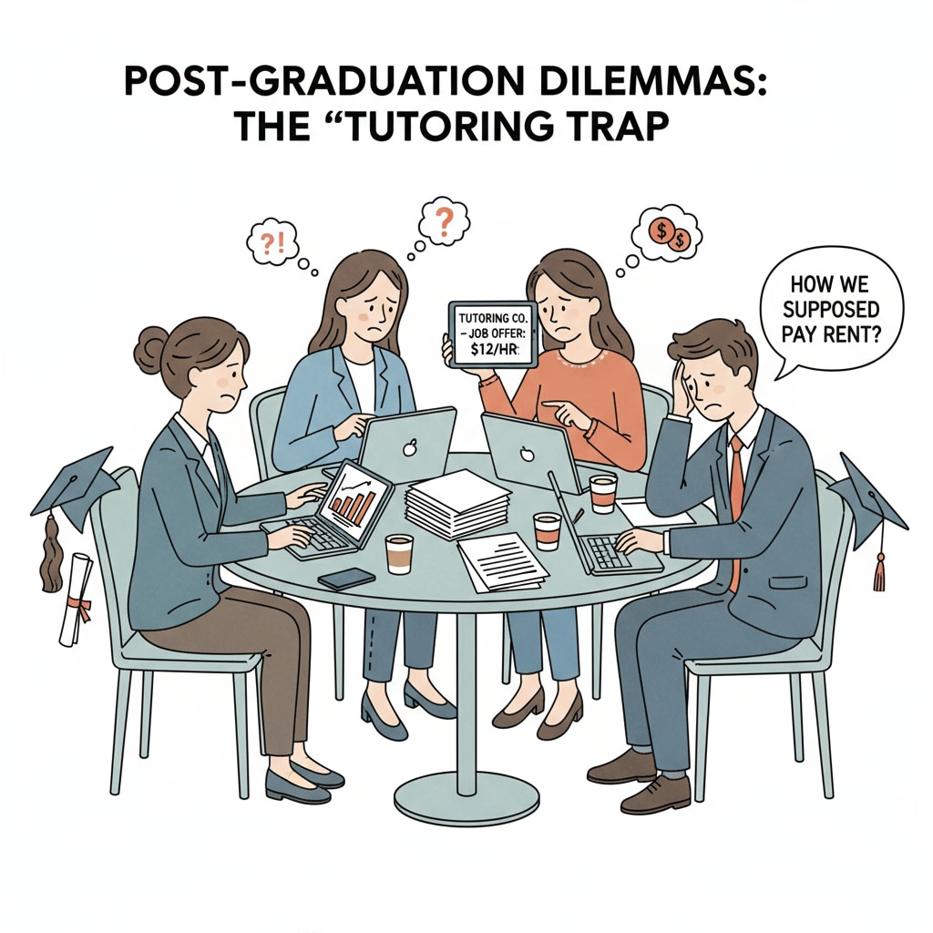 A group of university graduates are sitting around a table, looking worried as they talk about the low salary job offers from tutoring companies. University graduates discussing low salary job offers from tutoring companies