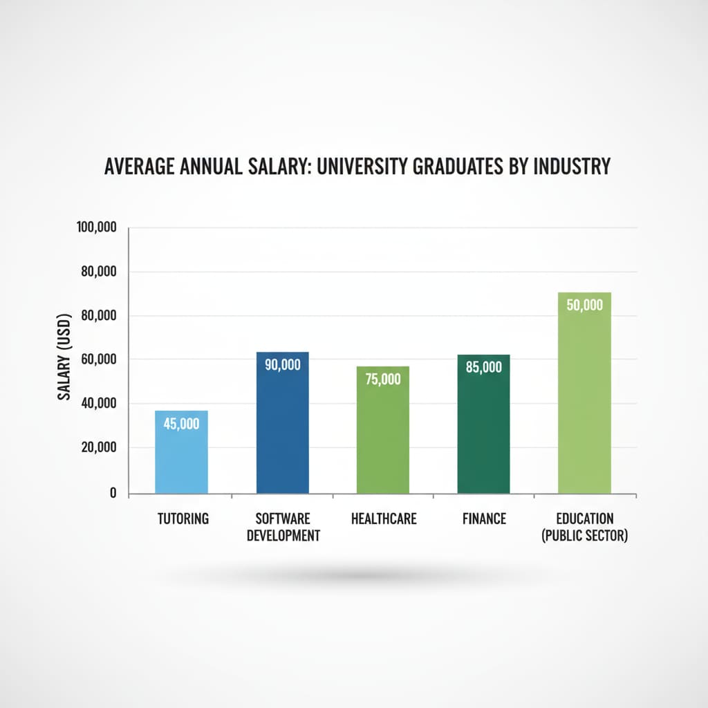 A bar graph comparing the average salaries of university graduates in tutoring companies and several other industries. Graph showing salary comparison of university graduates in tutoring and other industries