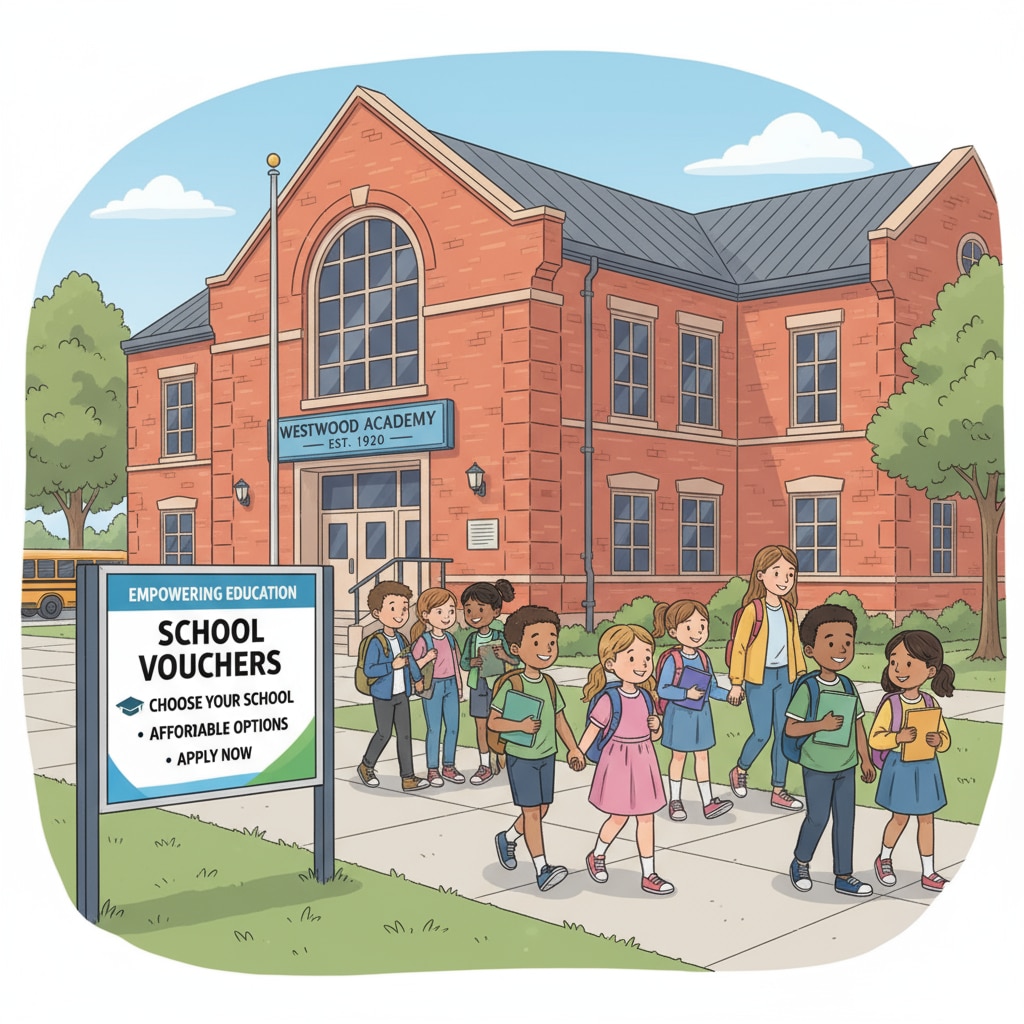 Students entering a public school with school voucher information visible