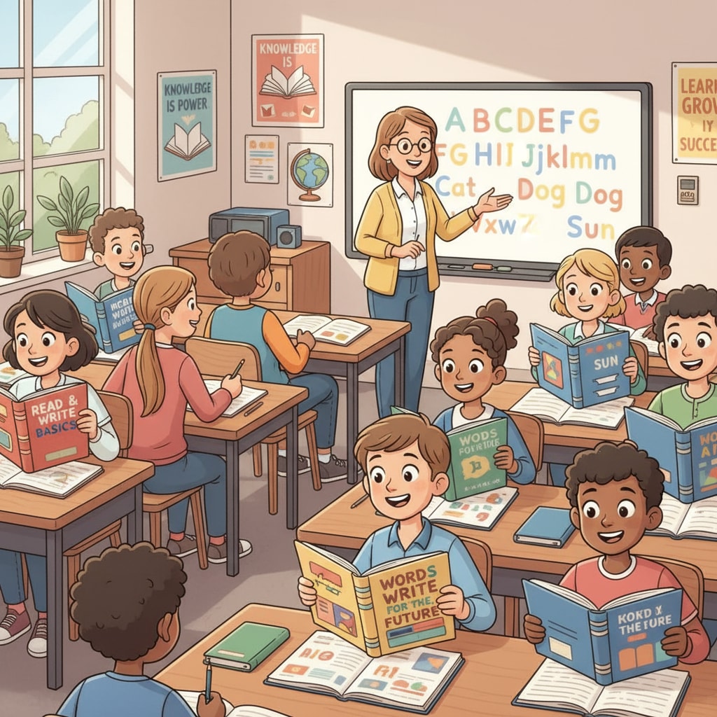 A group of 13 - 14-year-old adolescents sitting at desks, eager to learn basic literacy skills Adolescents learning basic literacy skills