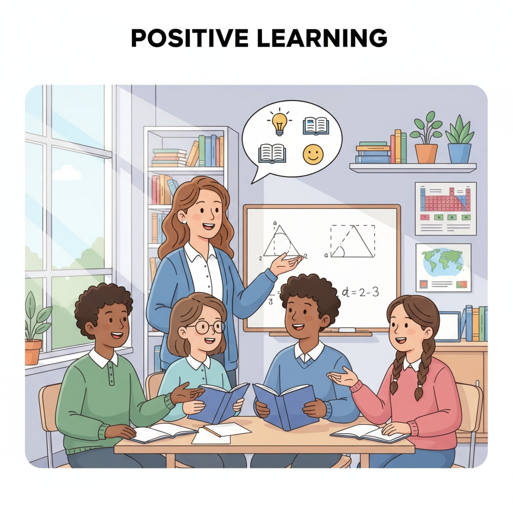 A teacher smiling and talking to a group of adolescents, creating a positive learning environment Teacher creating a positive learning environment for adolescents