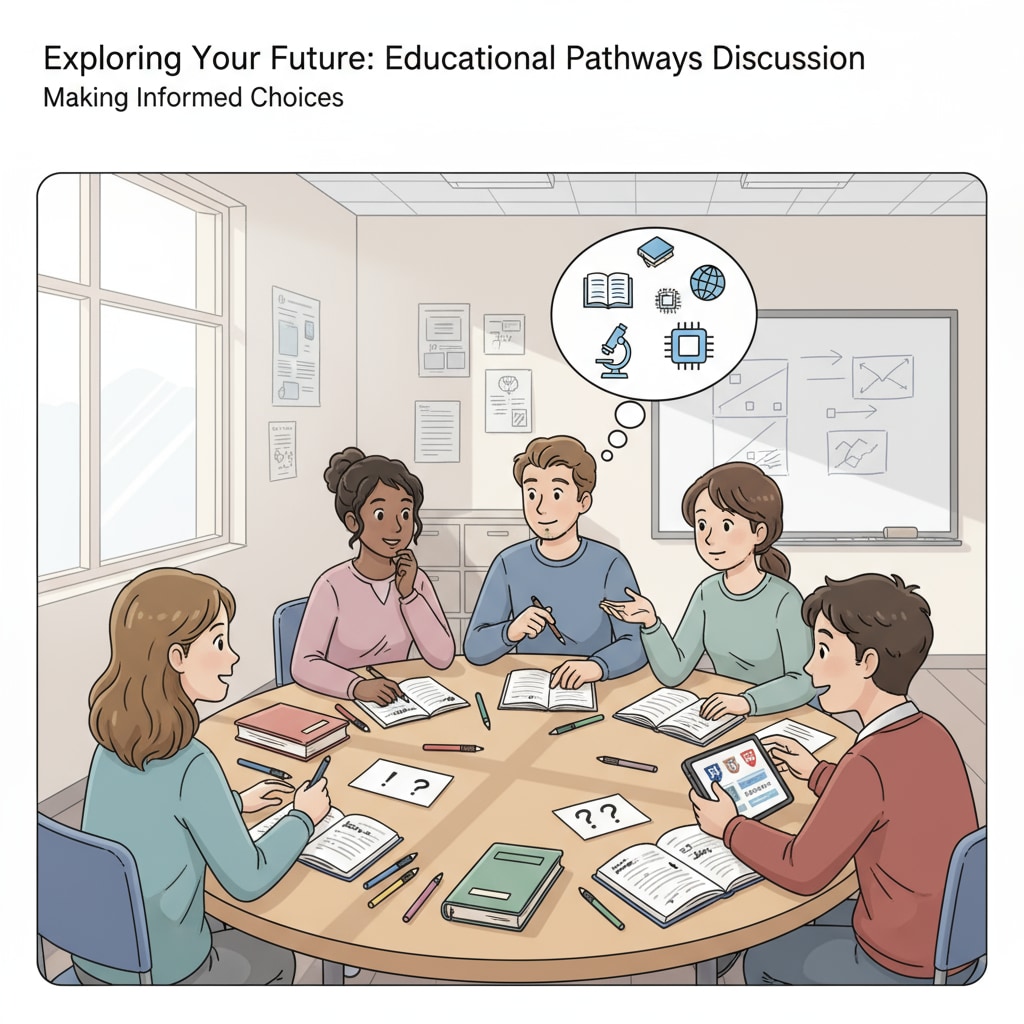 A group of teenagers are engaged in a discussion about their educational choices, with notebooks and pens on the table, showing their eagerness to explore new paths. Teenagers discussing educational choices related to dropouts, GED, and educational options