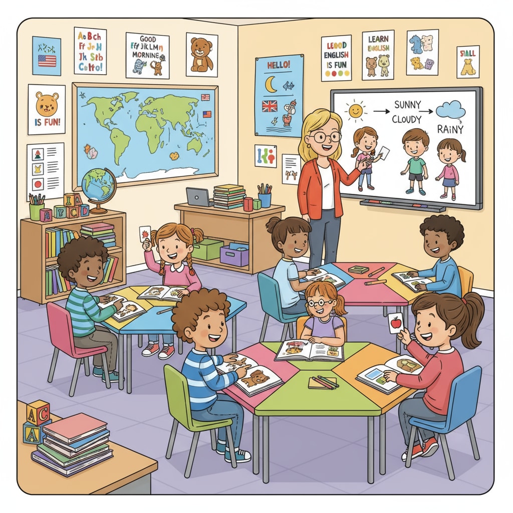 A group of young students smiling while learning English in a colorful classroom. The classroom is decorated with English posters and has various teaching materials. Students enjoying English learning in an early primary classroom using effective teaching methods