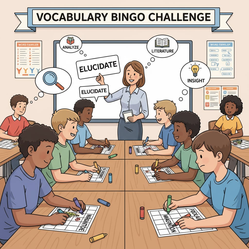 Students playing a vocabulary bingo game in an English class. They are concentrating on matching the words called out by the teacher with those on their bingo cards. Students engaged in gamified English learning activity using a vocabulary bingo game
