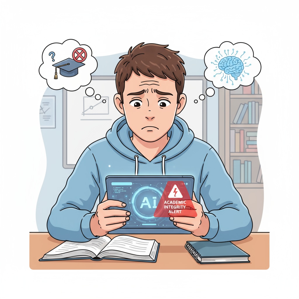 A student is shown using a tablet with an AI application open, with a worried expression on their face, suggesting the potential for academic integrity problems. A student using AI software, highlighting academic integrity issues in K12 education