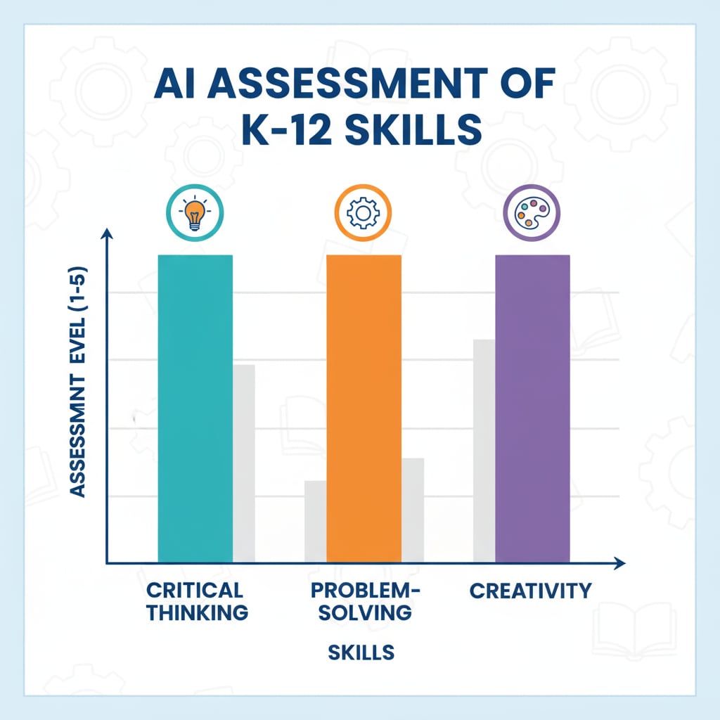 A colorful graph with different bars representing various skills like critical thinking, problem-solving, and creativity that AI can assess in K12 students. A graph showing skills assessment by AI in K12 education