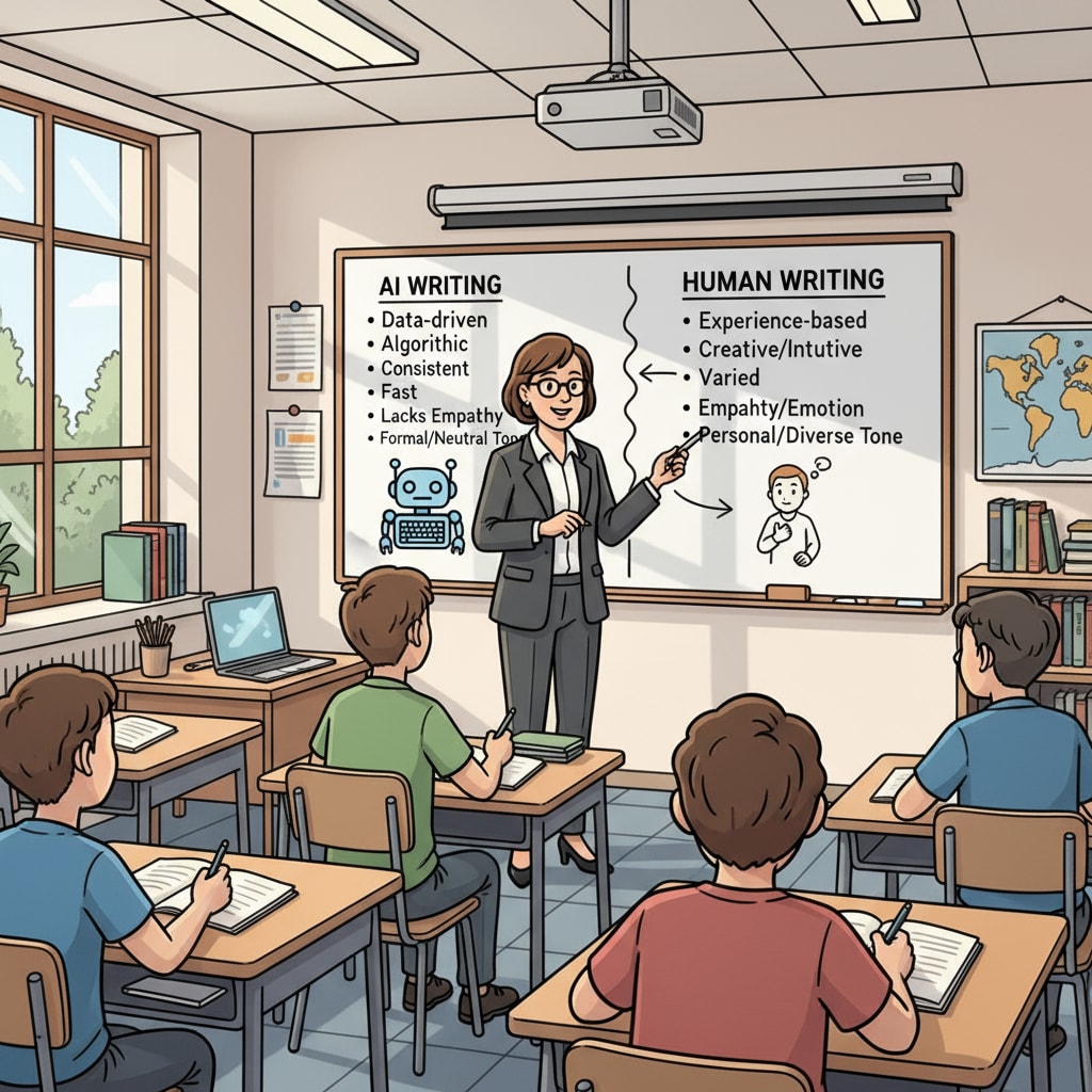 An English teacher is explaining the differences between AI and human writing to students in a classroom. The teacher is using a whiteboard to illustrate key points. An English teacher teaching students about the differences between AI and human writing in the context of AI writing, authenticity, and teaching methods