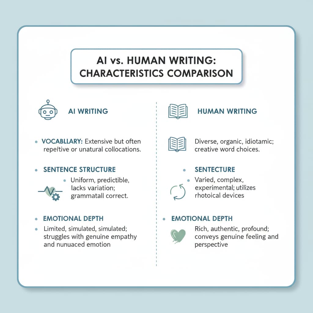 A comparison chart shows the differences in characteristics such as vocabulary, sentence structure, and emotional depth between AI and human writing. A comparison chart highlighting the differences between AI and human writing related to AI writing, authenticity, and teaching methods