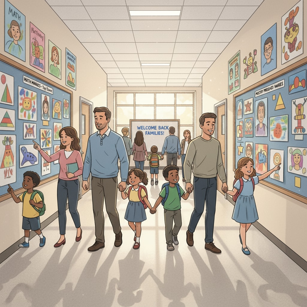 A group of parents and children are walking through the hallway of a public school. They are looking at the various classroom displays, which include students' artworks and academic achievements. Parents and children exploring a public school during a school visit for educational choice