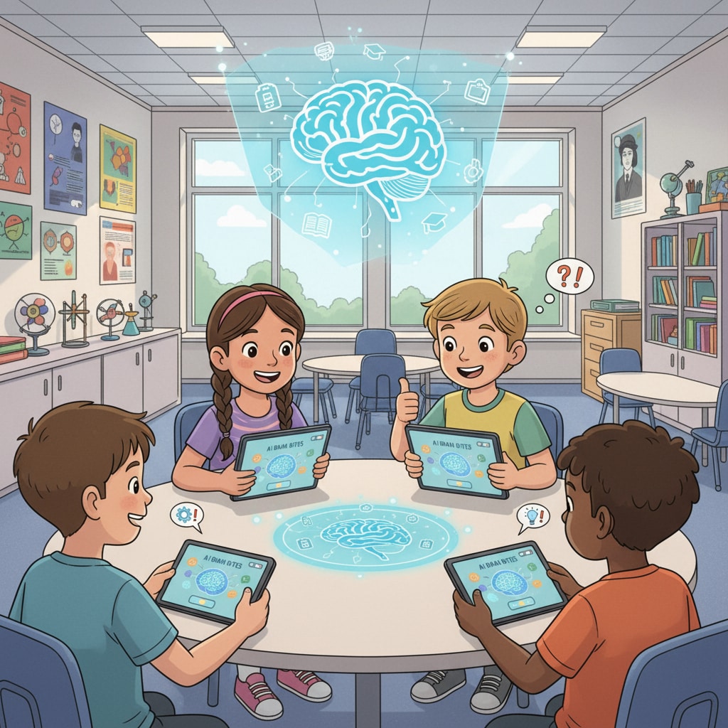 An image showing students using a tablet with AI Brain Bites interface, excited expressions on their faces Students using AI Brain Bites, an AI content generation learning tool for educational facts