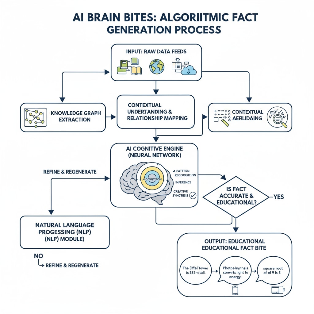 A diagram depicting the algorithmic process of AI Brain Bites generating educational facts Algorithmic process of AI Brain Bites, an AI tool for educational fact generation