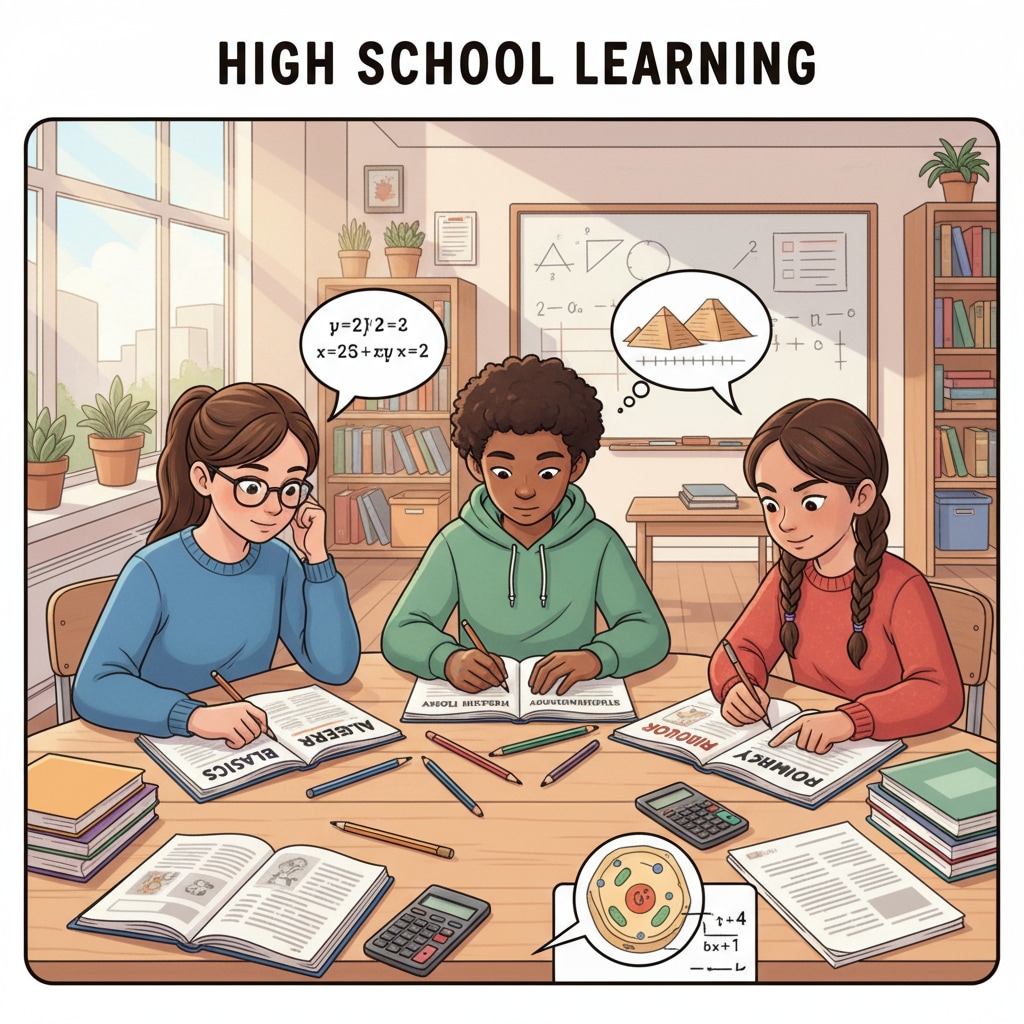 High school students studying basic knowledge workbooks including algebra in a classroom