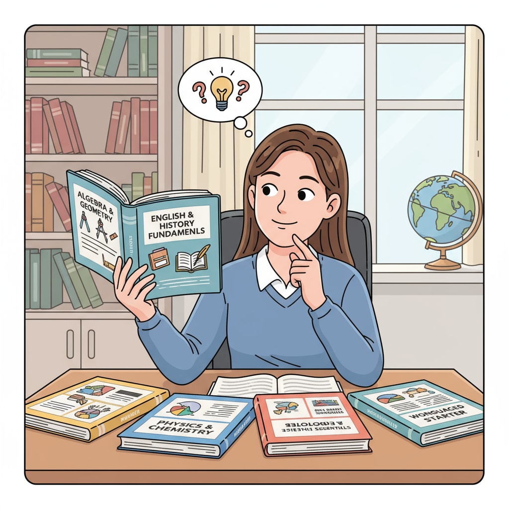 Student comparing high school basic knowledge workbooks for algebra and other subjects