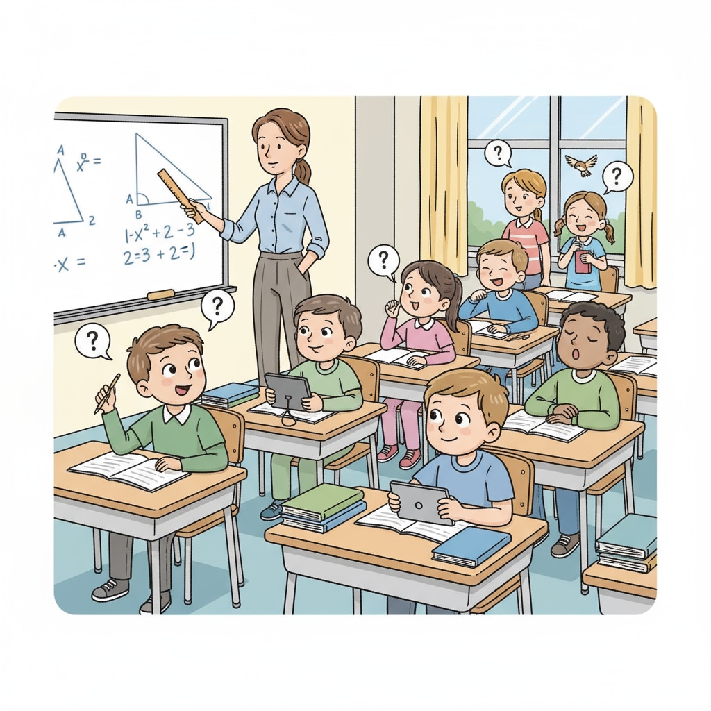 Students being distracted in a classroom, looking around instead of focusing on the teacher. Distractions affecting 7th grade students' ability to follow instructions in inclusive education