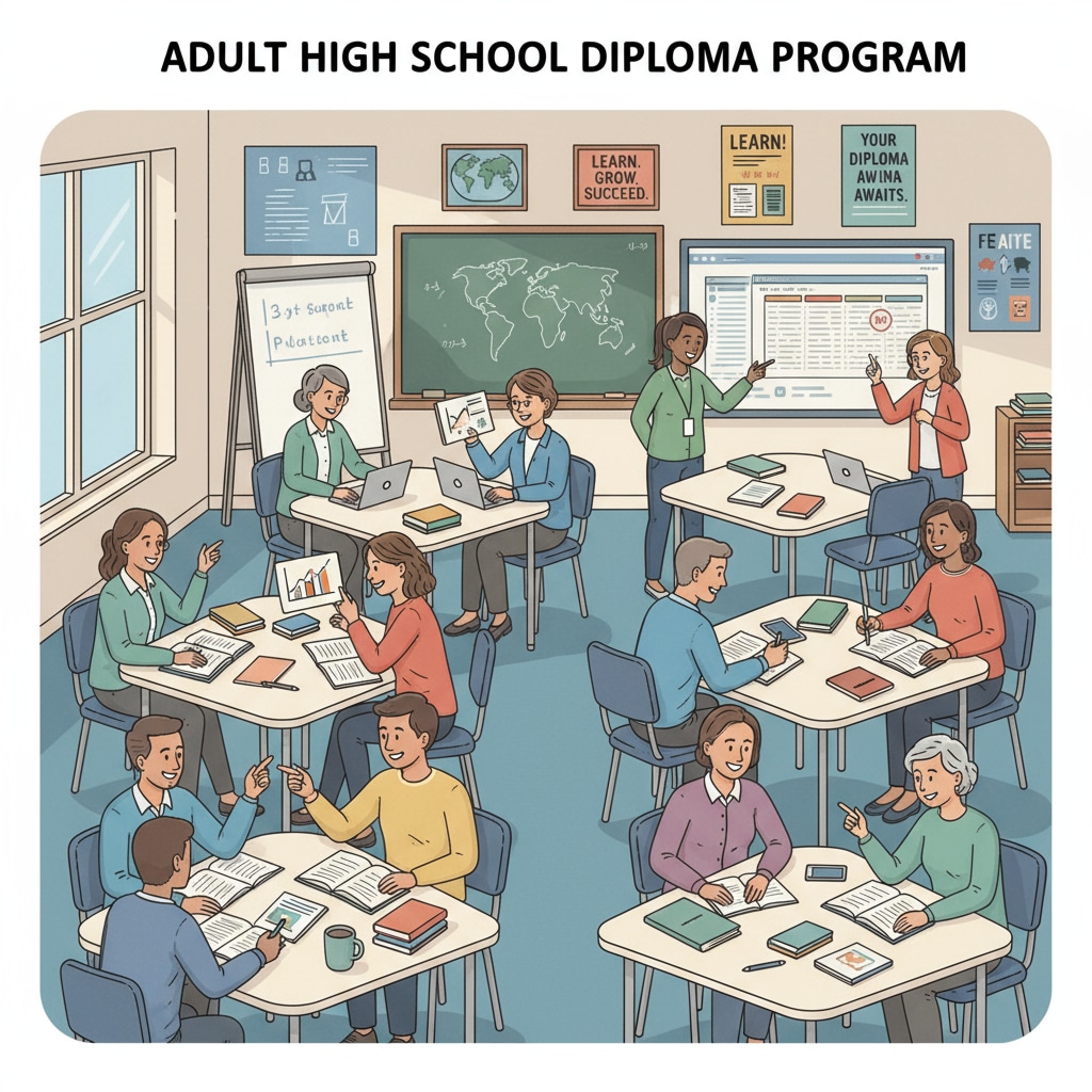 Adults are seen engaged in group study at a community education center, collaborating and sharing knowledge as they work towards their high school diplomas. Adults studying in a community education center for high school diploma