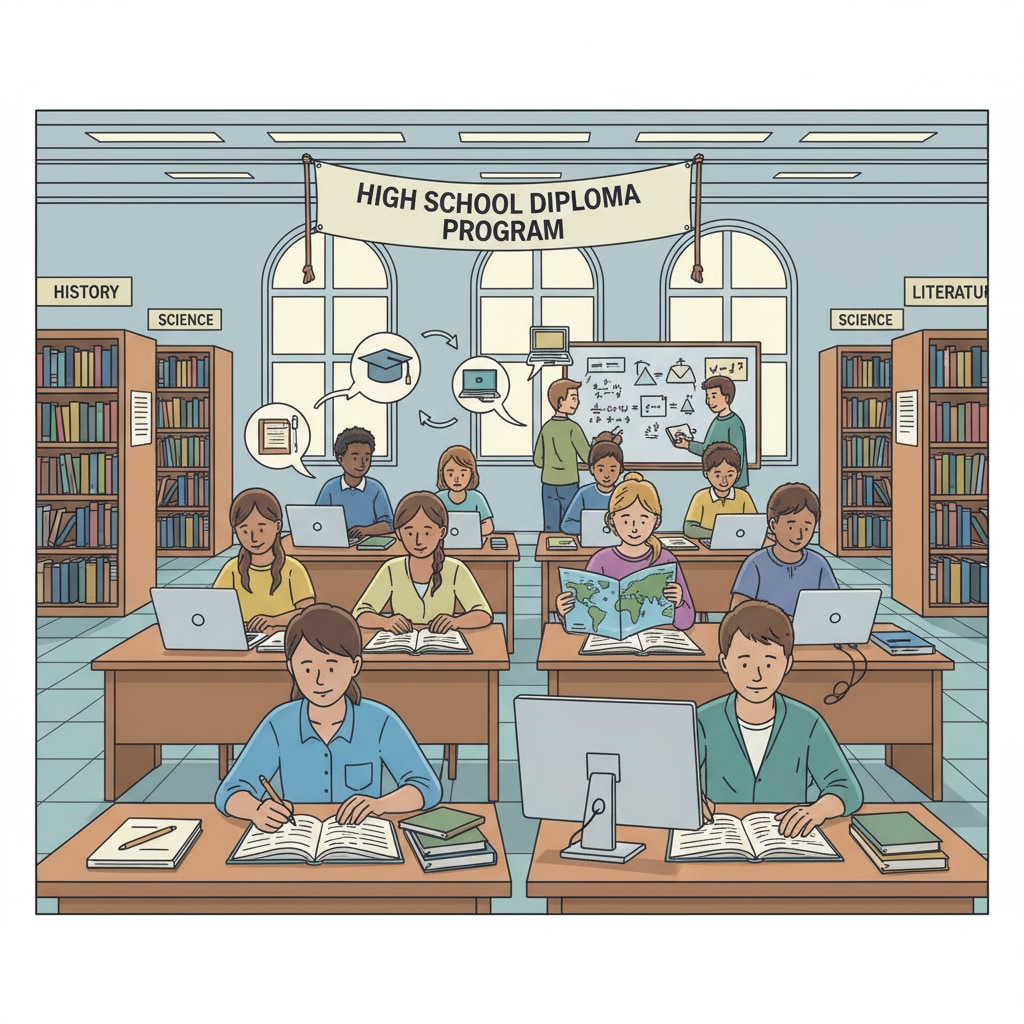 People are sitting at desks in a local library, using various resources such as books and computers to study for their high school diplomas. People using library resources for high school diploma study