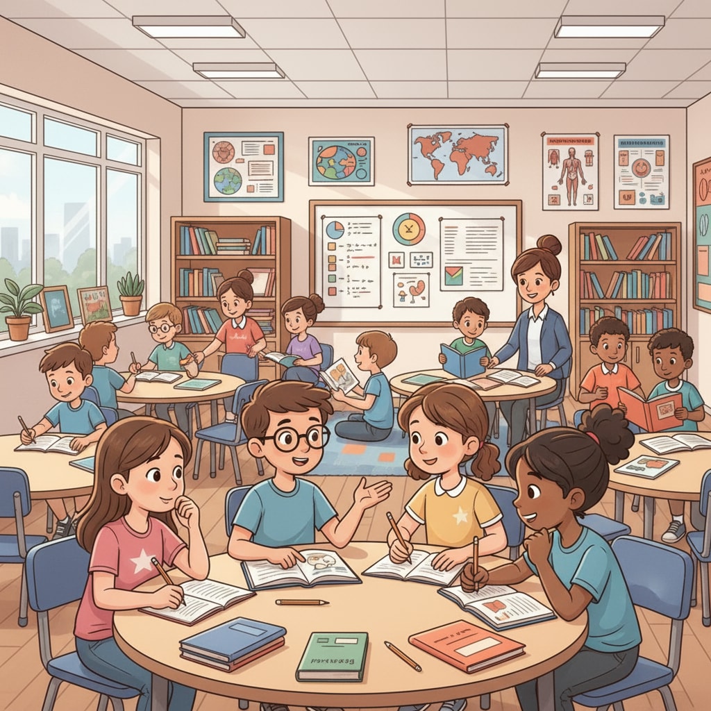 A group of students in a K12 classroom, actively engaged in learning activities, with books open and discussions taking place. K12 students engaged in learning activities related to education, lifelong learning, and success