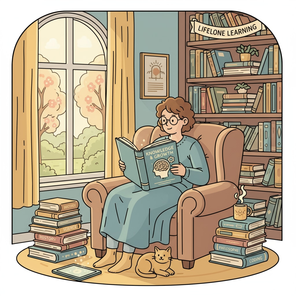 A person sitting in a cozy corner, reading a book during their free time, indicating a dedication to lifelong learning. A person committed to lifelong learning for personal success