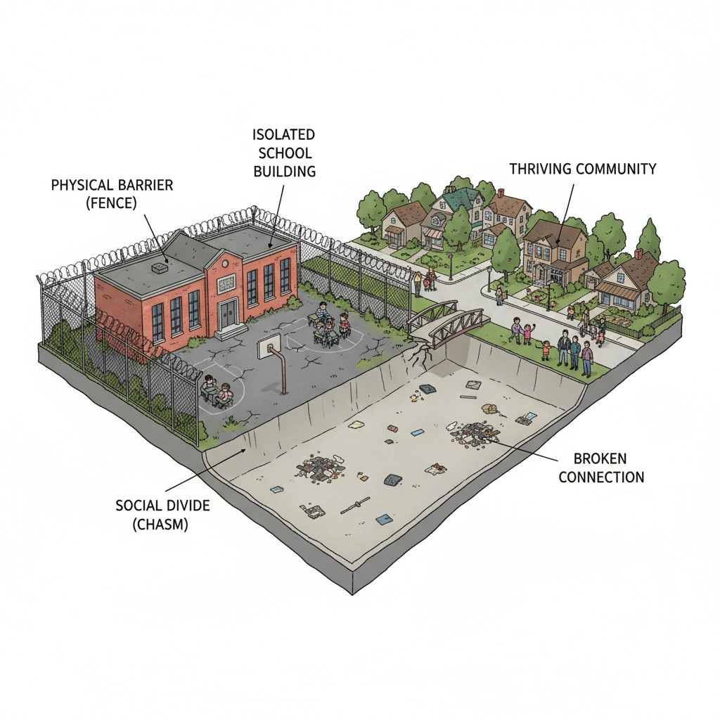 A view of a small town public school isolated from the surrounding community, showing a clear physical and social divide. A small town public school separated from the community, highlighting school independence and community separation relevant to youth programs.