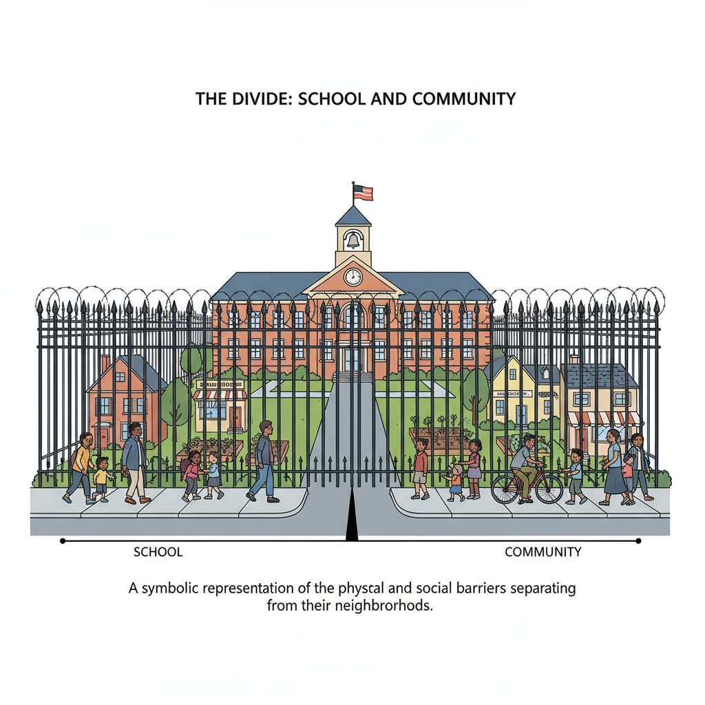 A picture showing a school building with a fence, symbolizing the separation from the community, emphasizing the divide between school and community. A school building with a fence indicating the separation, related to school independence, community separation, and youth programs.