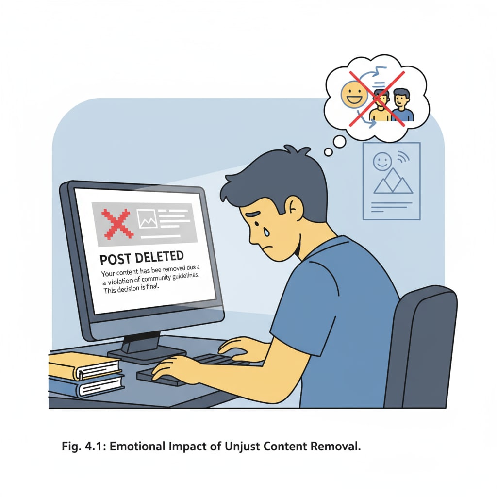 A student is looking sad while staring at a computer screen that shows a message indicating a post has been deleted, highlighting the impact of unjust post deletions. Sad student looking at a computer screen with a deleted post message related to post deletion without explanation