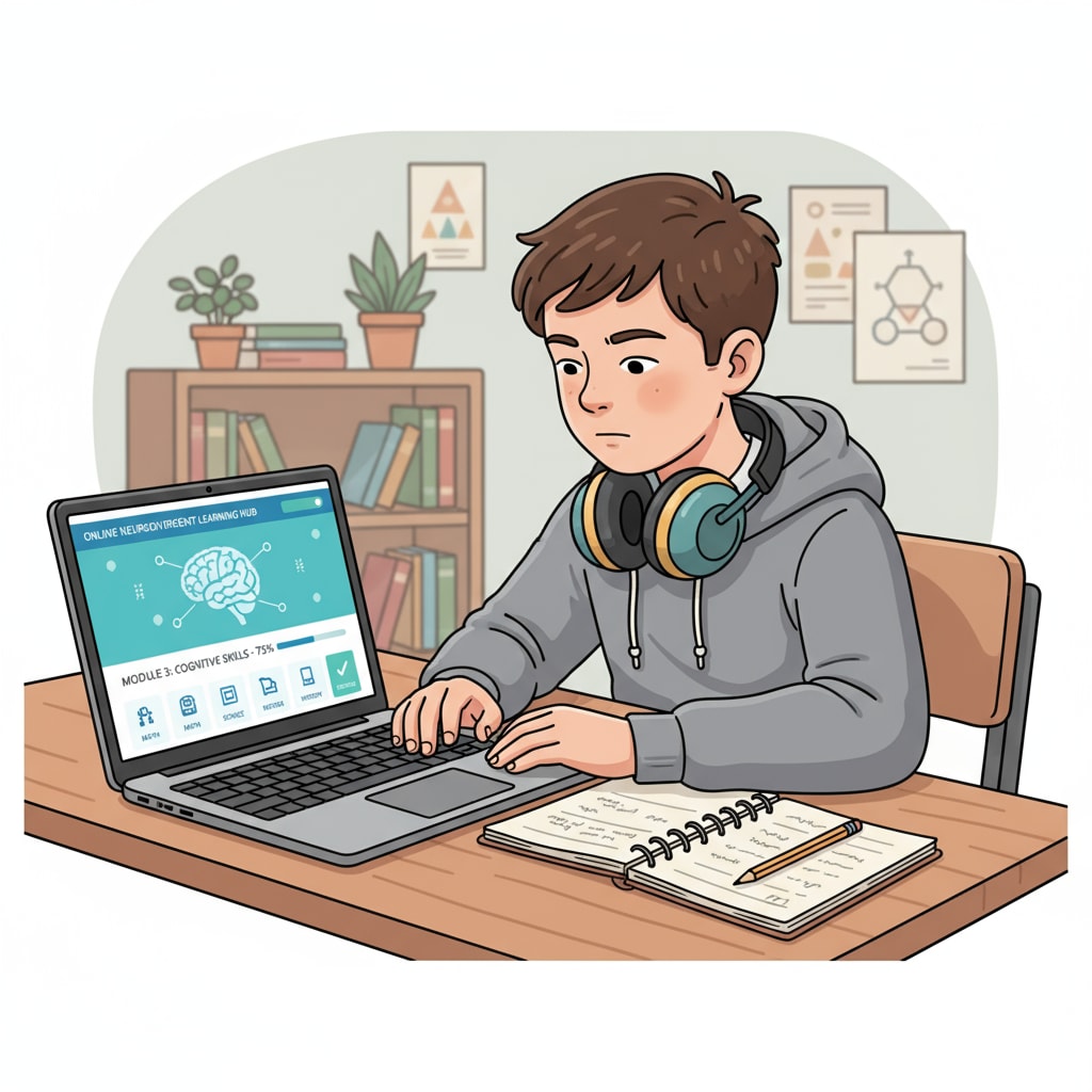 An autistic student focusing on an academic task with the help of an online platform