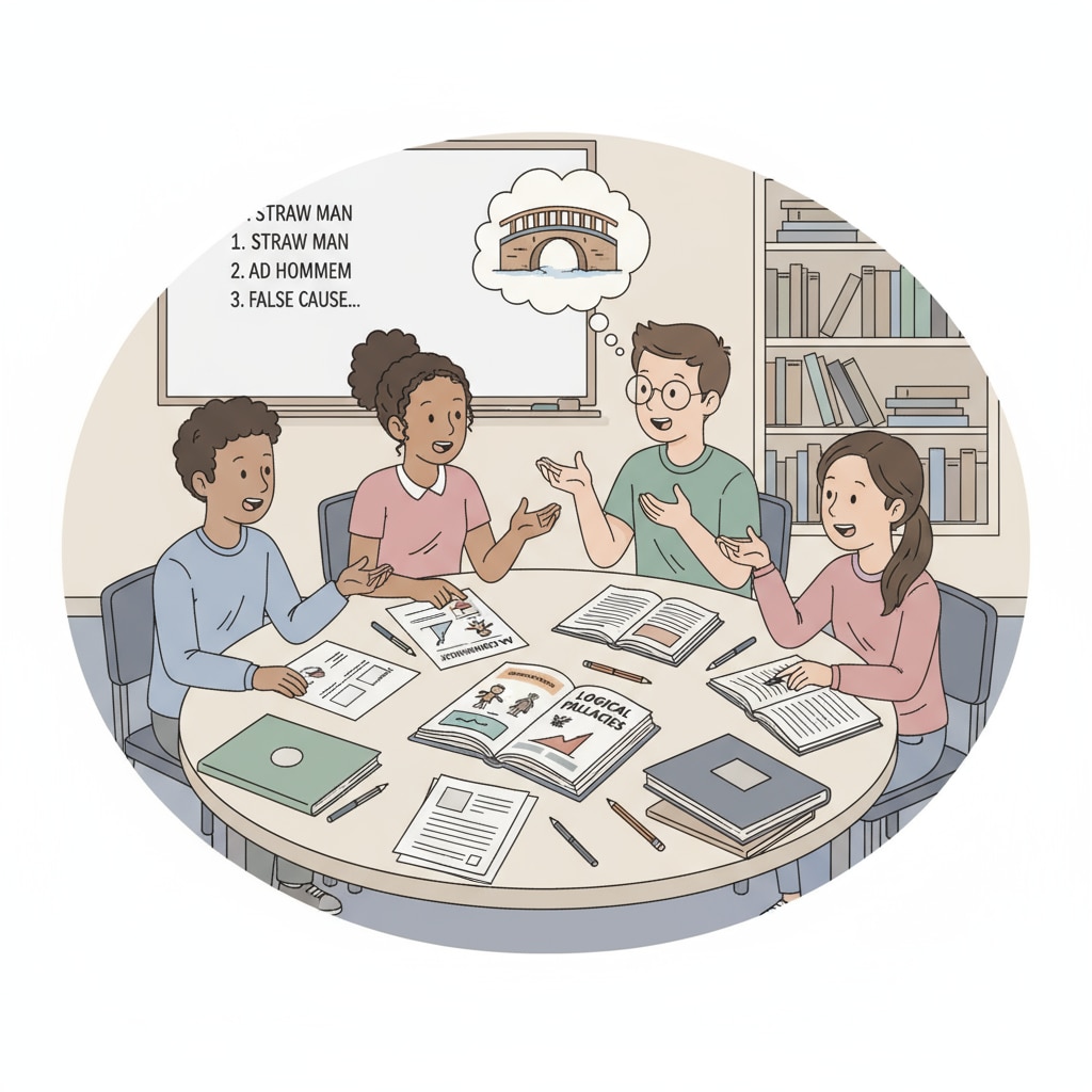High school students discussing logical fallacies to enhance critical thinking and propaganda recognition.