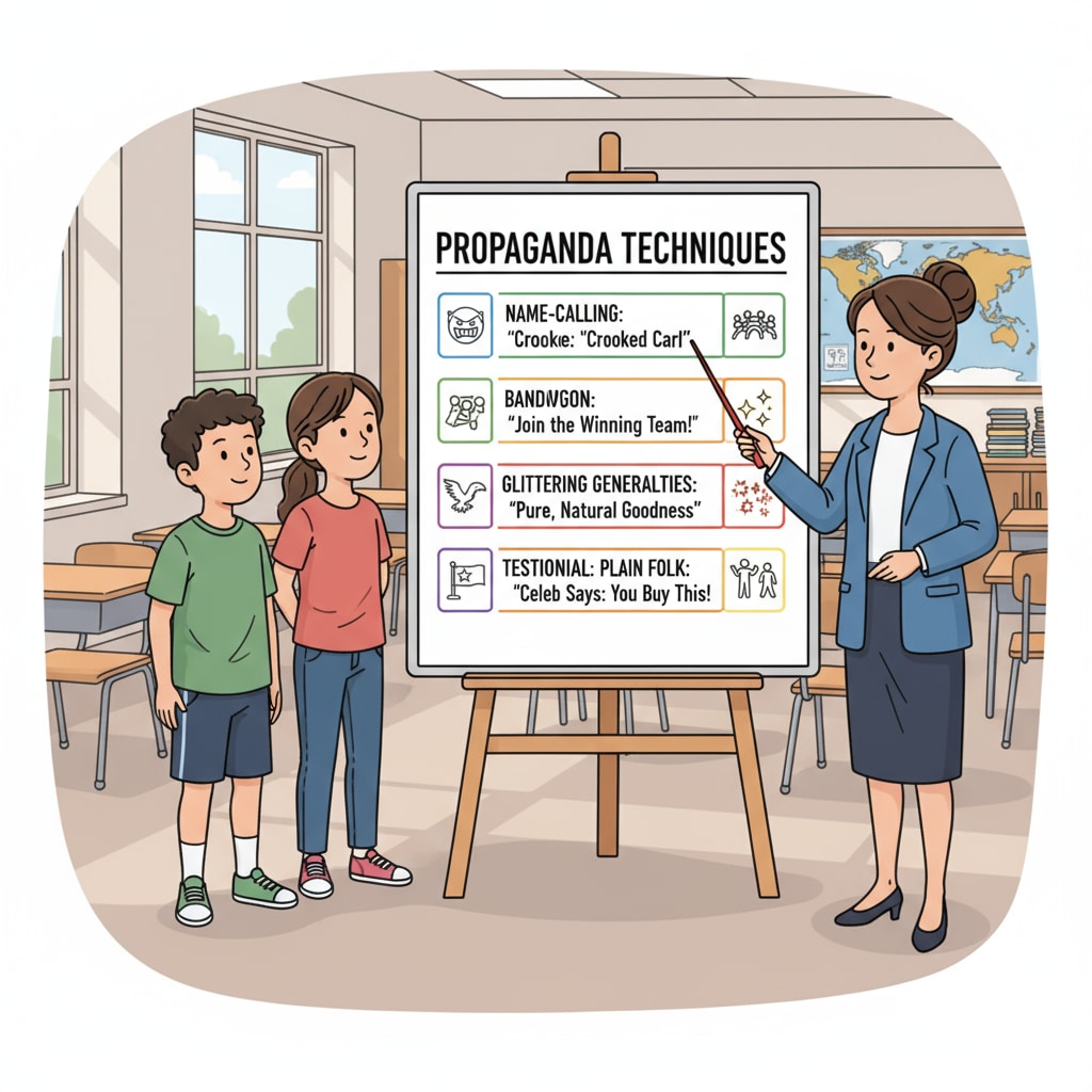 Classroom scene of students analyzing propaganda examples for better understanding of propaganda recognition.
