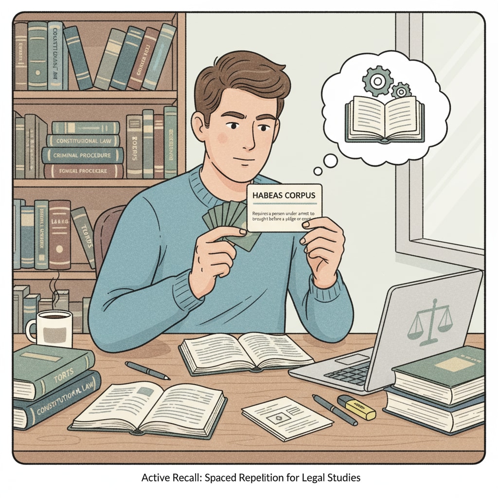 A student is sitting at a study desk, using flashcards to practice active recall. There are books related to legal learning nearby. A student practicing active recall with flashcards in legal learning