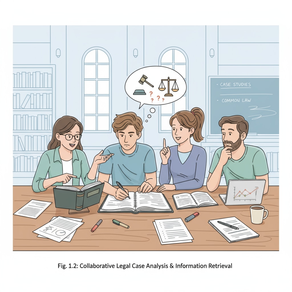 A group of students are gathered around a table, discussing legal cases and actively recalling information. There are notebooks and pens on the table. Students discussing legal cases and practicing active recall