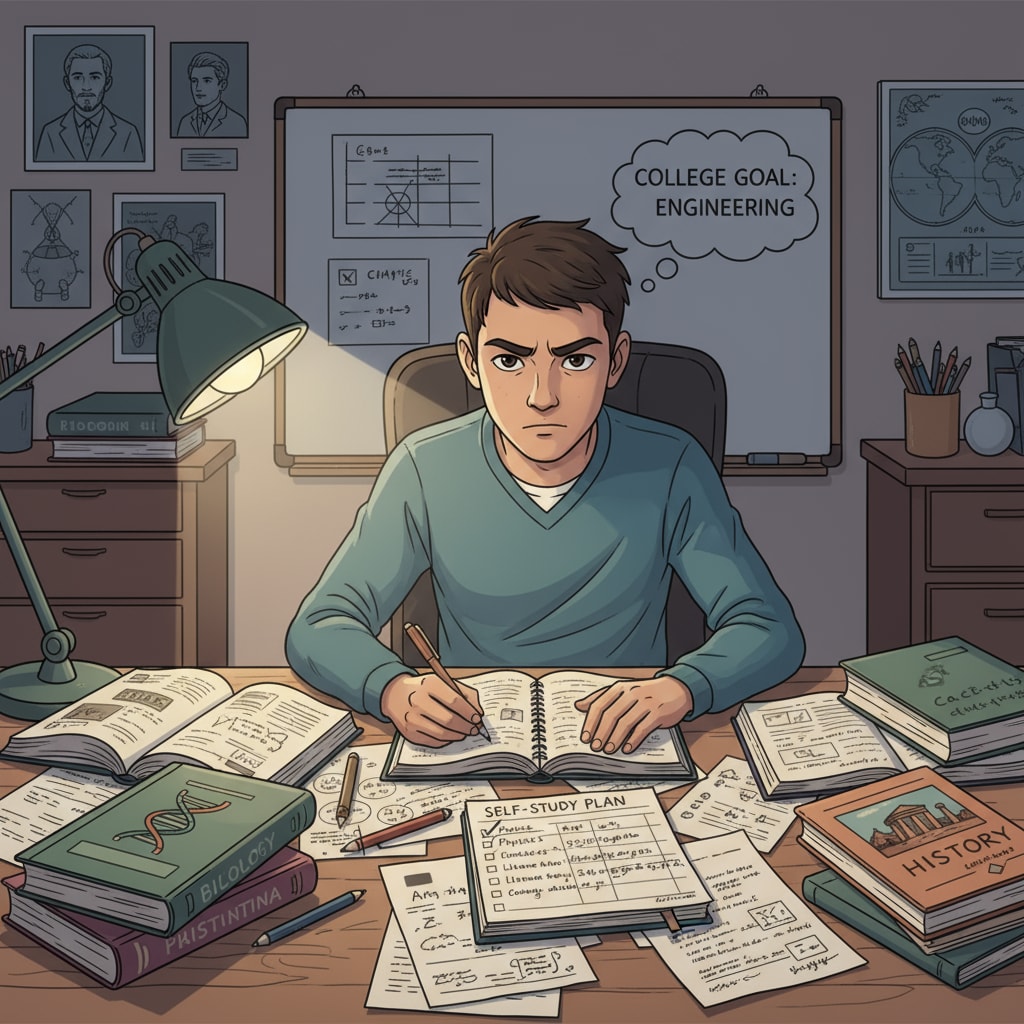 A student sitting at a desk, looking determined, with books and study materials around, showing the motivation for self-education in high school. A determined student ready for self-education to improve high school performance and plan life.