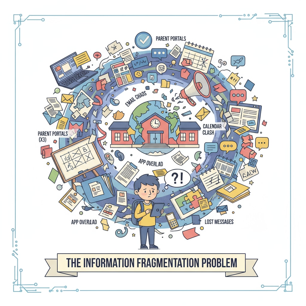 An illustration depicting a chaotic mess of information, symbolizing the problem of information fragmentation in current school communication systems. Illustration of information fragmentation in school communication systems related to school communication, parent-teacher meetings, and information management