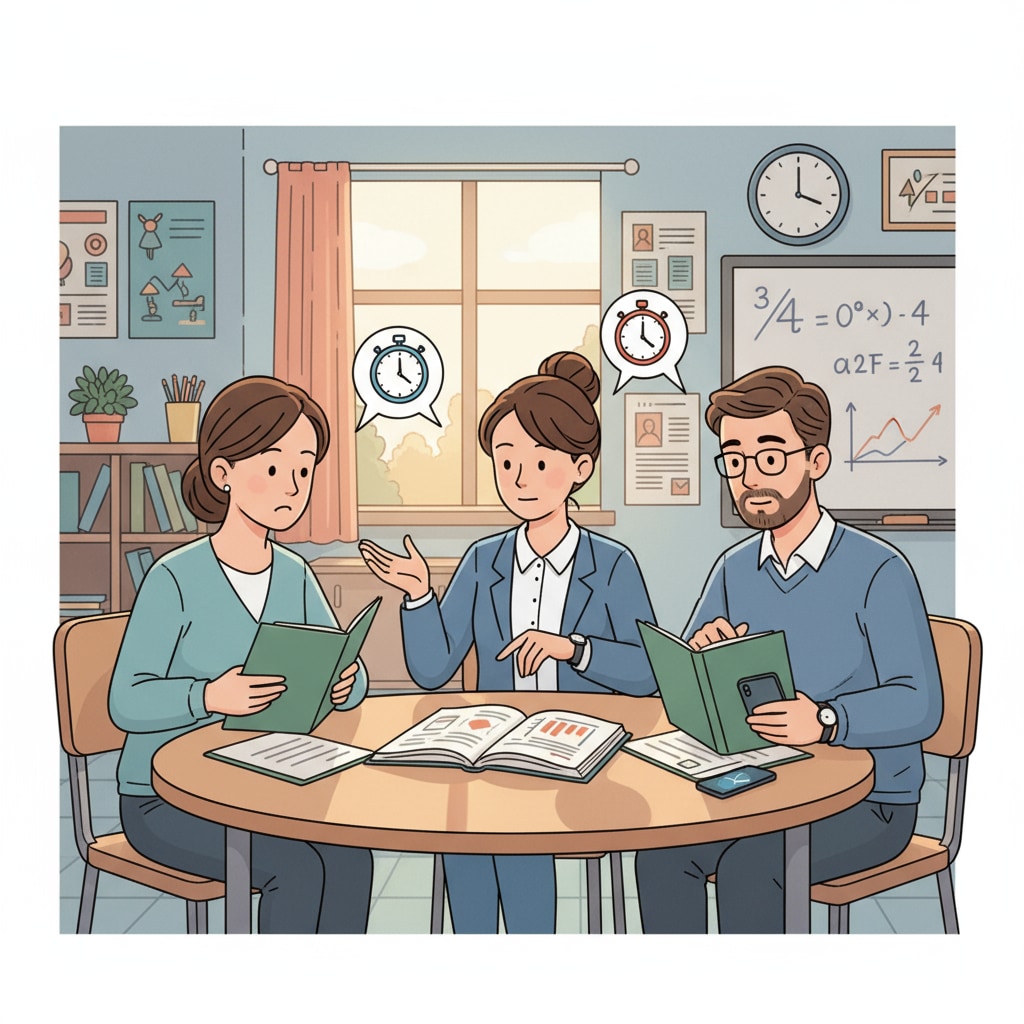 A photo showing a parent-teacher meeting with both parents and teachers looking engaged but also a bit rushed, highlighting the time constraints often faced in these meetings. Photo of a parent-teacher meeting relevant to school communication, parent-teacher meetings, and information management