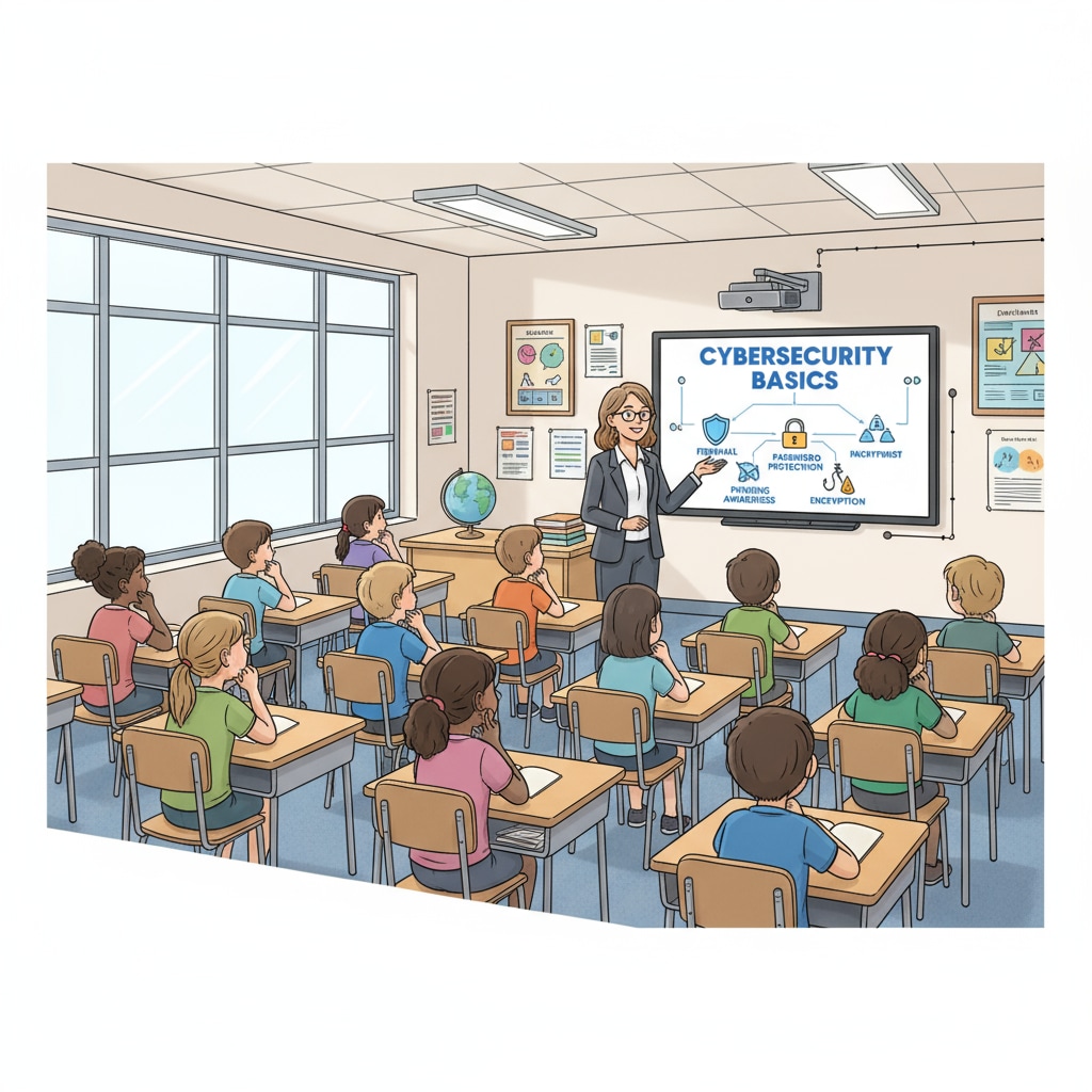 A group of K12 students are sitting in a classroom, listening intently as a teacher lectures about cybersecurity concepts on a large screen. K12 students engaged in a cybersecurity teaching session related to CYA Security